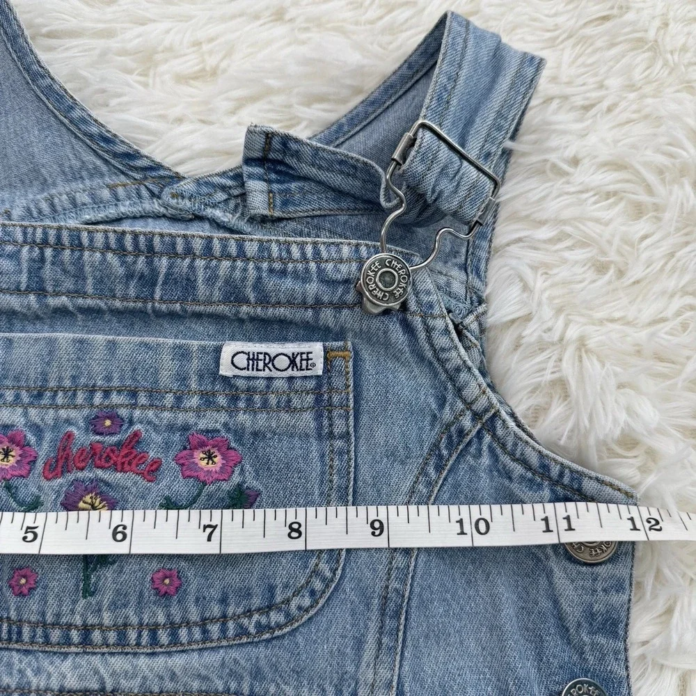 Vtg 90s Cherokee Denim Overall Dress Girls Size 6 Embroidered Floral Cottagecore